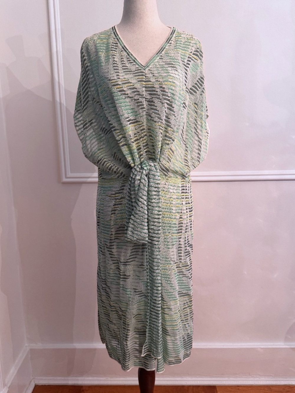 M Missoni Green Zigzag Knit V-Neck Tie Waist Kaftan Attached Slip 40